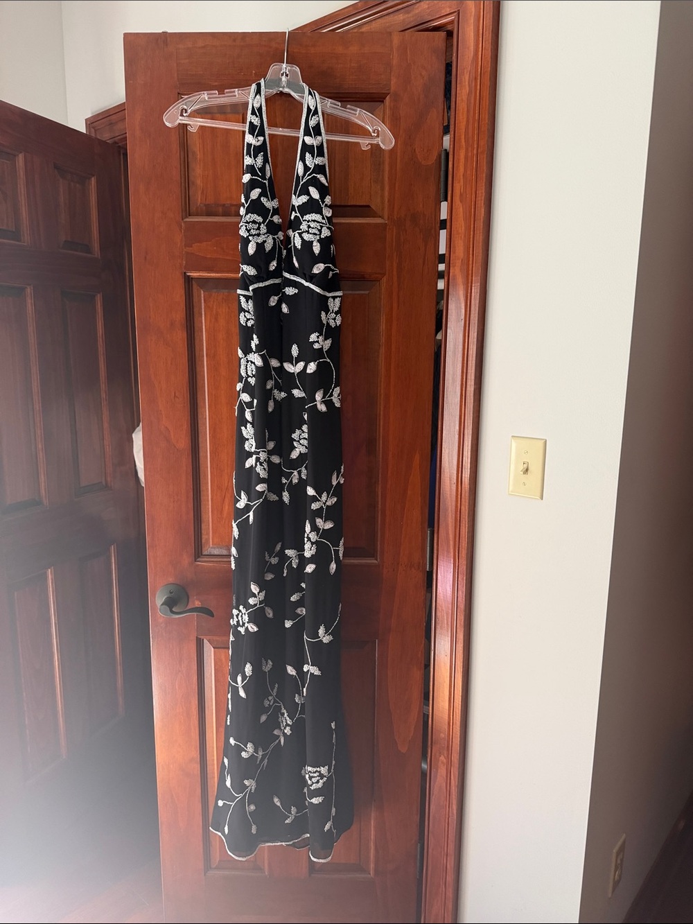 Black Halter Evening Dress with White Floral Beading